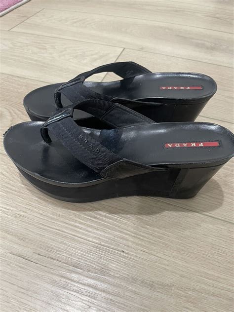 prada black wedge sandal|Prada slide sandals kitten heel.